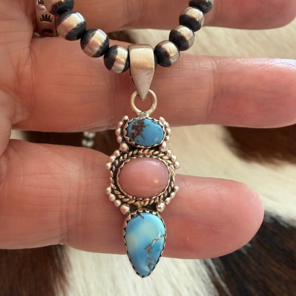 Golden Hills Turquoise & Pink Peruvian Opal Navajo Style Matte 925 Pendant